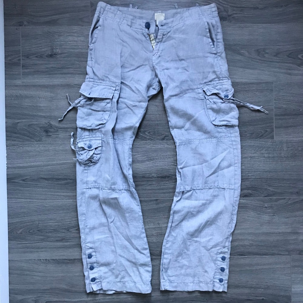 Lucky Brand Women Blue Linen Cargo Pants Size 6/28 Straight Leg Y2K Utility
